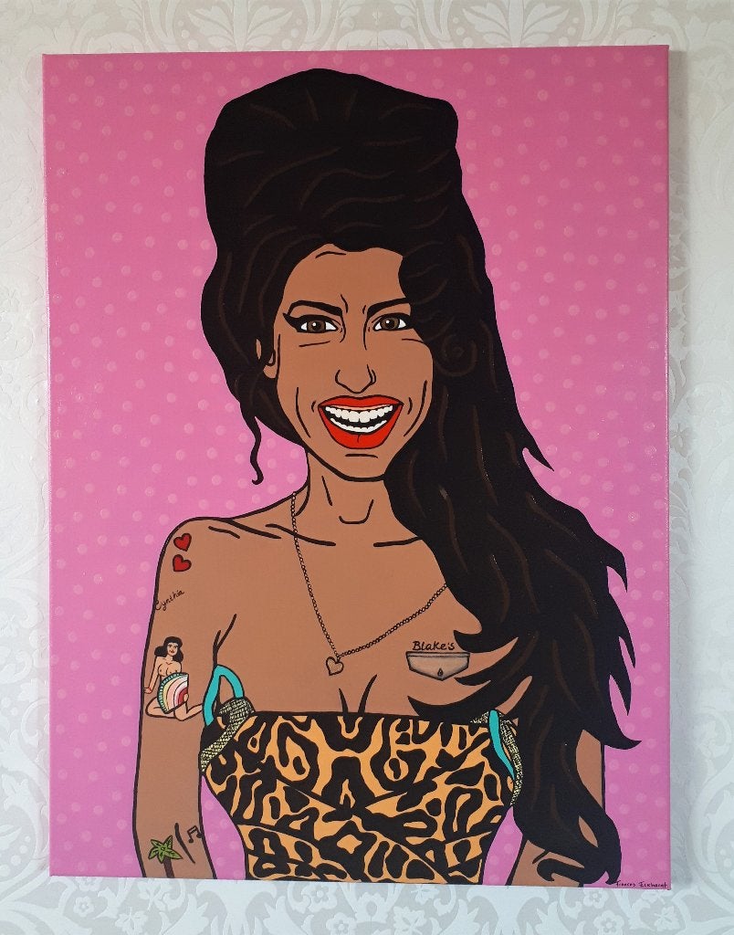Amy Winehouse 60x80 - canvas handgeschilderd cartoon pop art, Antiek en Kunst, Verzenden, Handgeschilderd, Acrylverf, Muziek
