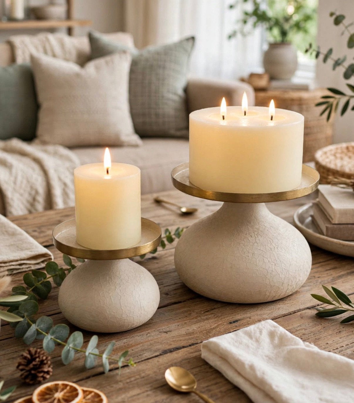 * nieuw * set  2 luxe kandelaars / pilaar beige stone&goud, Ophalen of Verzenden, Nieuw, Crème, Kandelaar