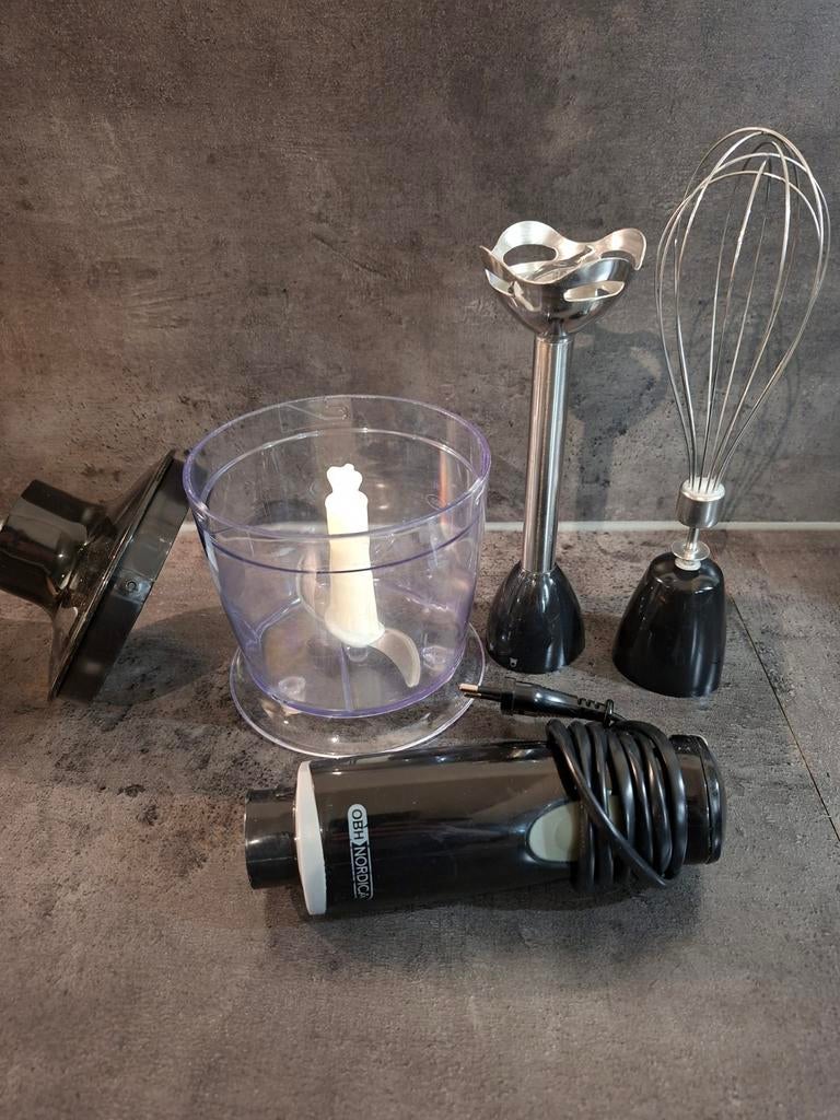 OBH Nordica Staafmixerset met hakmolen en garde, Gebruikt, 2 snelheden, Ophalen of Verzenden, Vaatwasserbestendig
