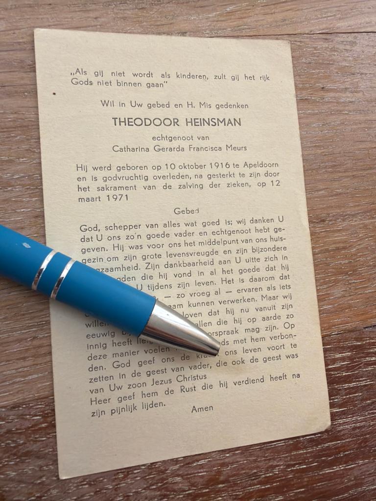 Heinsman Theodoor 1916 Apeldoorn 1971 x Meurs - E00224 -, Ophalen of Verzenden, Bidprentje