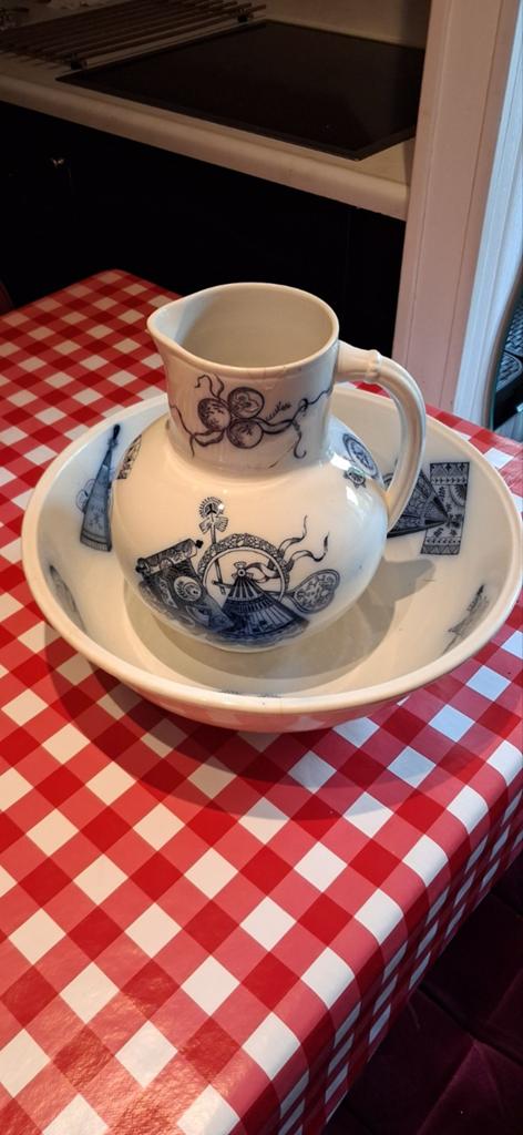 Antieke Waskom en Kan Set - Blauw en Wit Decor, Ophalen of Verzenden