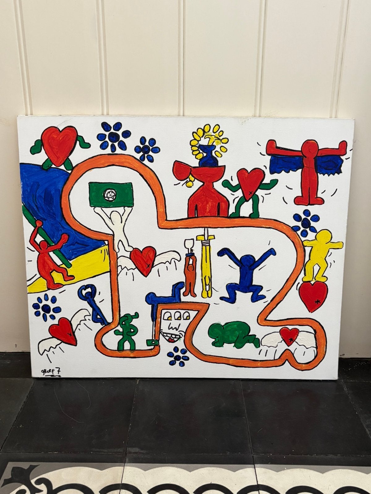 Mooi en leuk schilderijtje ( namaak Keith Haring ), Antiek en Kunst, Ophalen of Verzenden