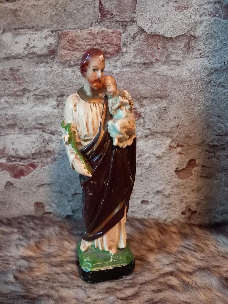 Antiek oud heiligenbeeld Jozef met Jezus  gips, Verzamelen, Ophalen of Verzenden, Gebruikt, Beeld(je)