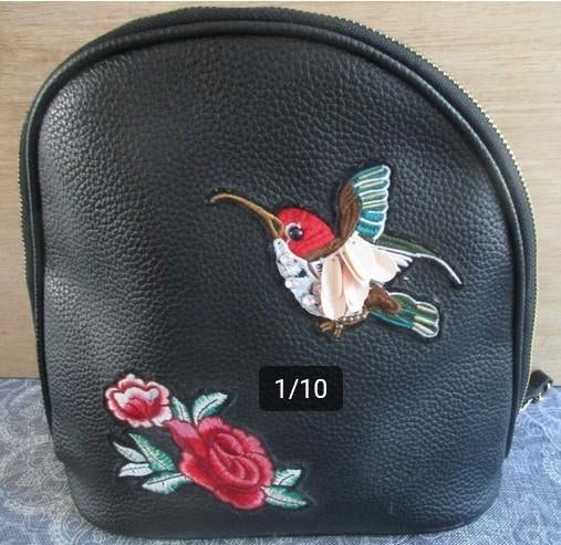 zwarte schouder / rug tas met bloem en kolibrie, Ophalen of Verzenden, Zwart, Handtas