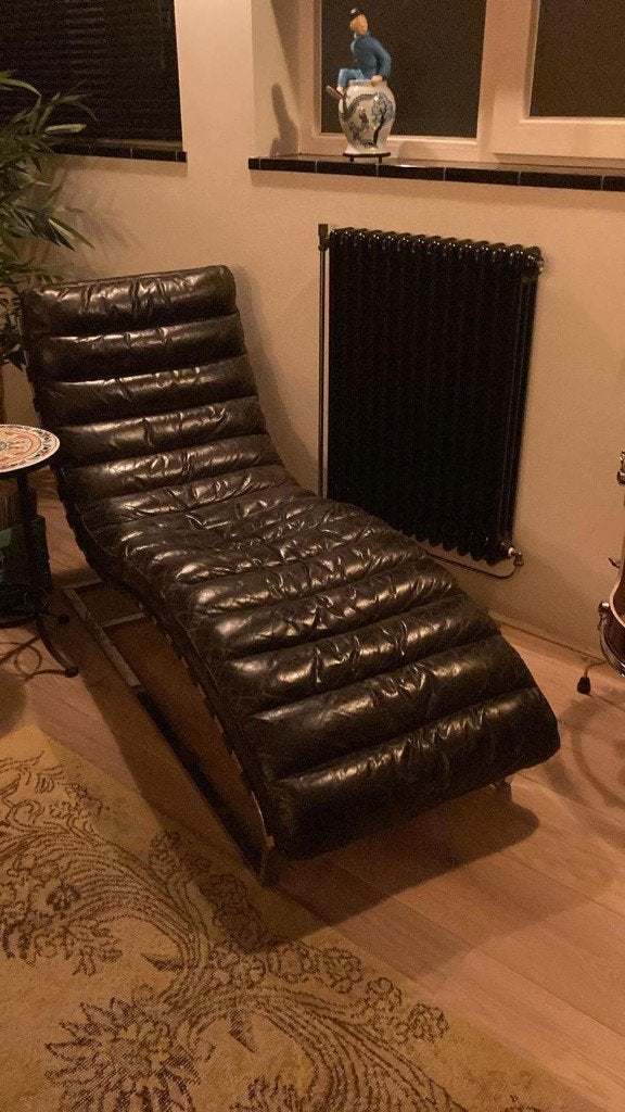 Zwarte leren chaise longue / ligstoel – vintage design, Huis en Inrichting, Ophalen, Eenpersoons, Minder dan 150 cm, Gebruikt