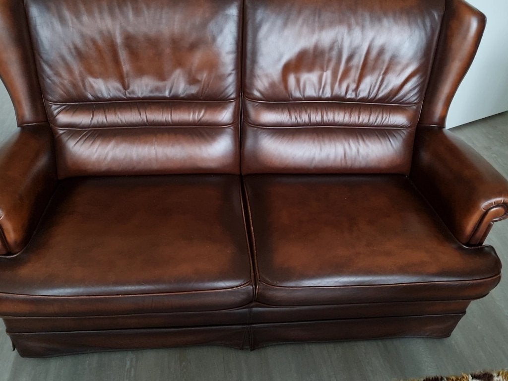 Te koop: leren bank met 2 stoelen. ., Huis en Inrichting, Ophalen, Gebruikt, Driepersoons, Rechte bank