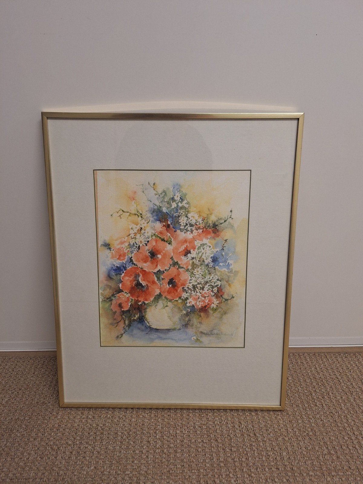Bloemen schilderij 40x50 cm in goede staat, Realistisch, Aquarel, Papier, Ingelijst