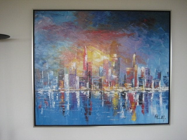 Schilderij Zicht op New York Manhattam 120x105 cm, Ophalen, Acrylverf, Origineel werk, Stads- / dorpsgezicht