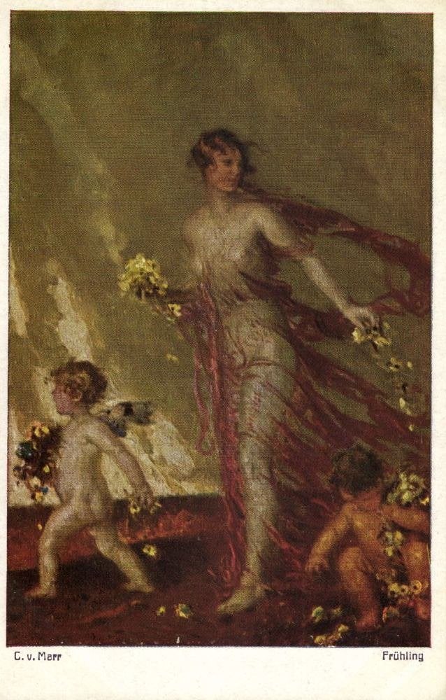 Schilderij Carl von Marr, Naakte Vrouw met Engel in Frühling, Ophalen of Verzenden, Voor 1920, Ongelopen, Overige thema's