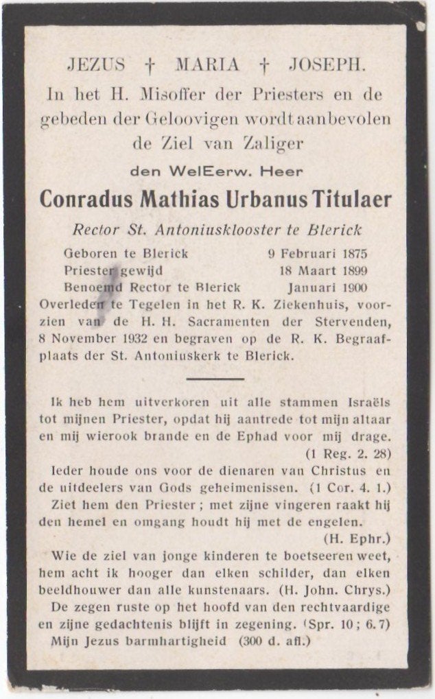 Rector Conradus M.U. Titulaer 1875 Blerick + 1932 Tegelen, Ophalen of Verzenden