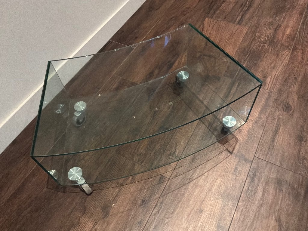 Glazen salontafel met wielen, Ophalen, Gebruikt, 100 tot 150 cm, 50 tot 100 cm