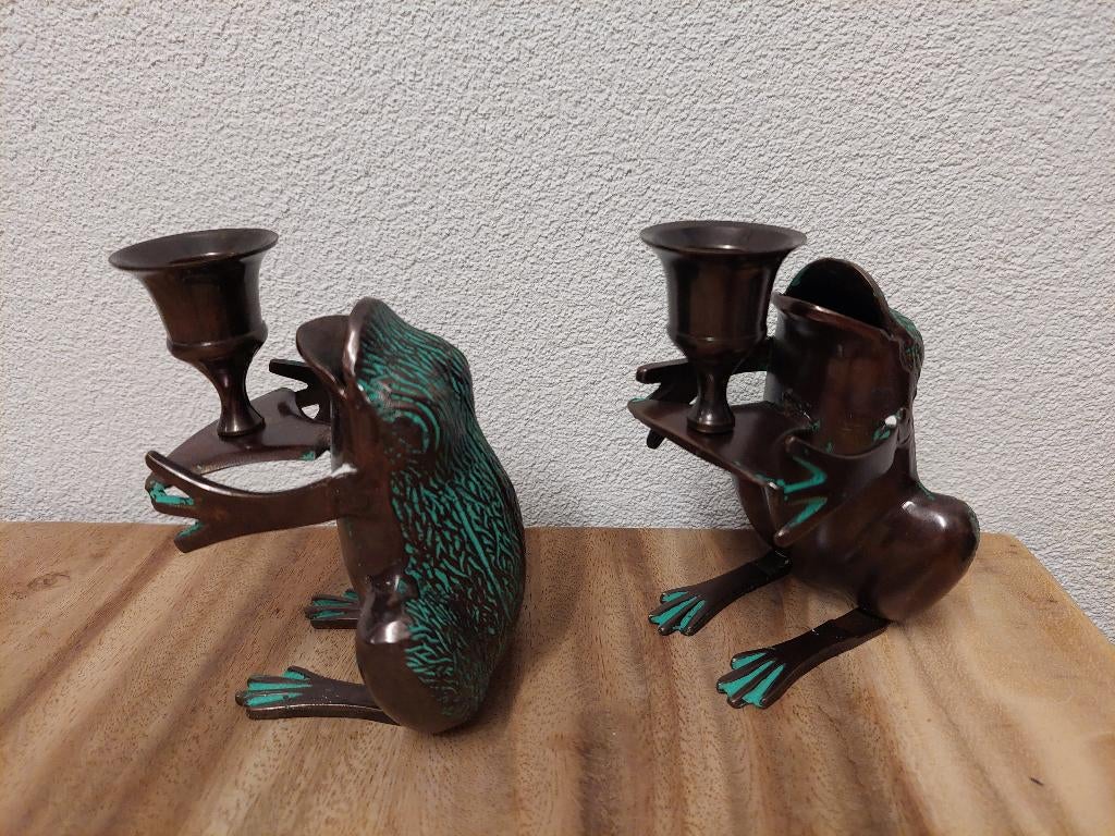 Set van 2x Messing kikker kandelaar, Ophalen of Verzenden, Koper of Brons