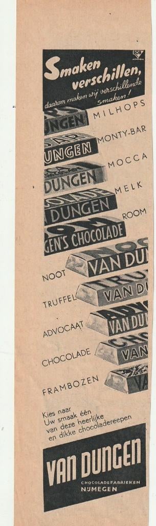 Retro reclame 1940 Van Dungen chocola in 10 smaken, Verzamelen, Retro, Verzenden, Overige typen