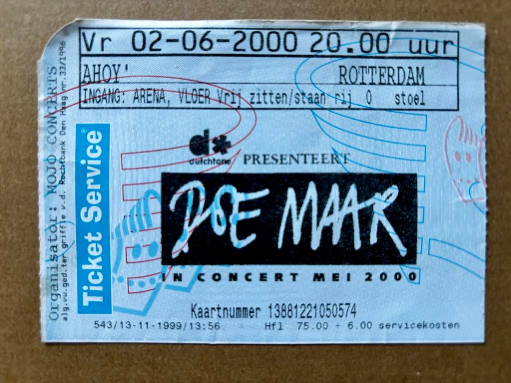 Doe Maar - Ahoy 2000 origineel concertkaartje, Verzamelen, Muziek, Artiesten en Beroemdheden, Ophalen of Verzenden, Gebruikt, Foto of Kaart
