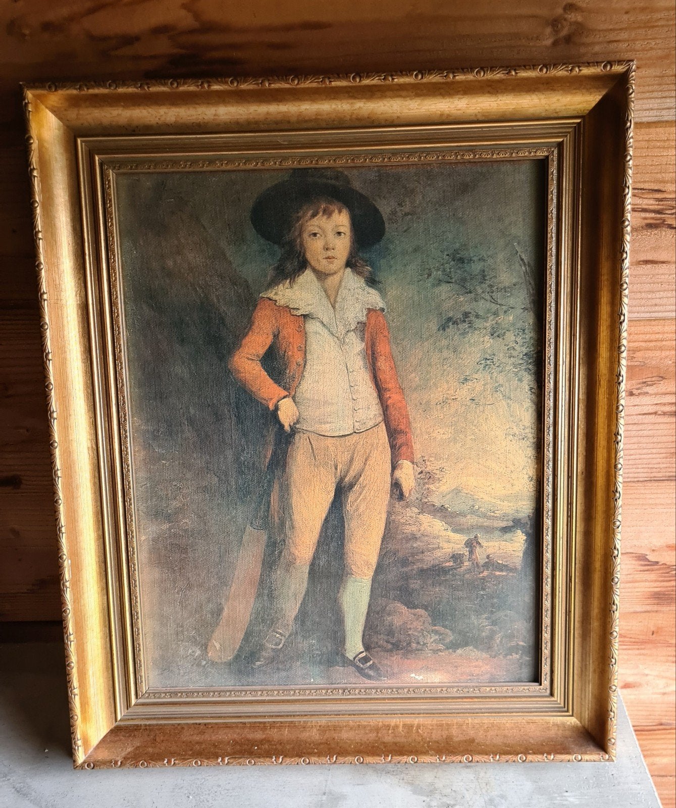 Vintage Schilderij: Jongen in Rood Jasje met Hoed, Ophalen of Verzenden