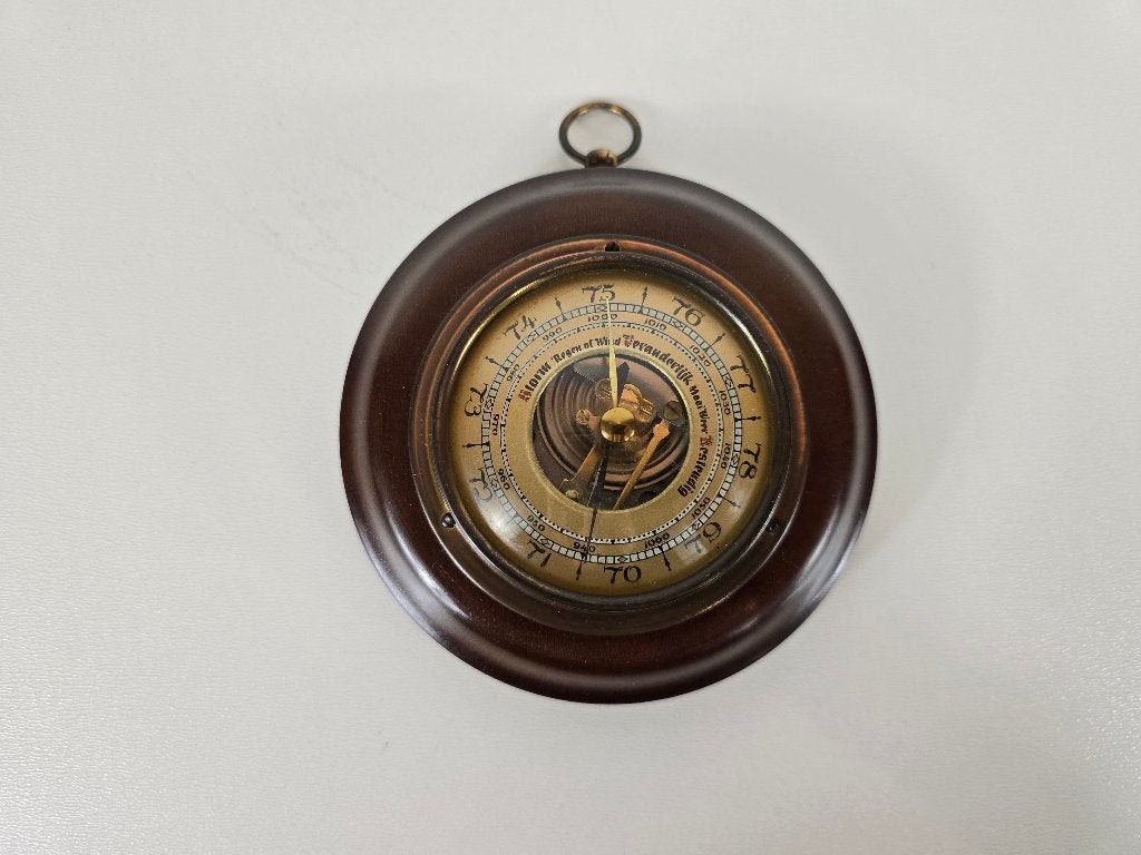 Aneroïde barometer, hout, messing Duitsland, midden 20e eeuw, Ophalen of Verzenden, Gebruikt