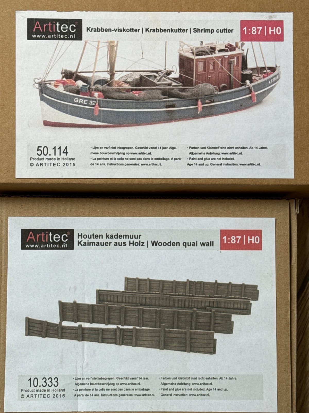 Artitec Krabben-viskotter en Houten kademuur 1:87 H0, Hobby en Vrije tijd, Modelbouw | Boten en Schepen, Nieuw, 1:50 tot 1:200
