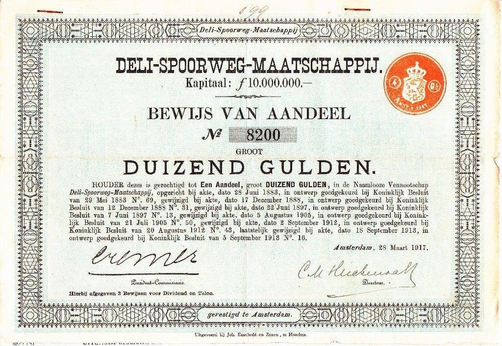 DELI - SPOORWEG - MAATSCHAPPIJ BEWIJS VAN AANDEEL NR 8200, Postzegels en Munten, Aandelen en Waardepapieren, Ophalen of Verzenden