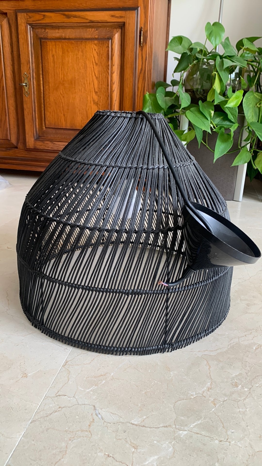 Zwarte bamboe lamp., Ophalen, Zo goed als nieuw, Zwart, Rond