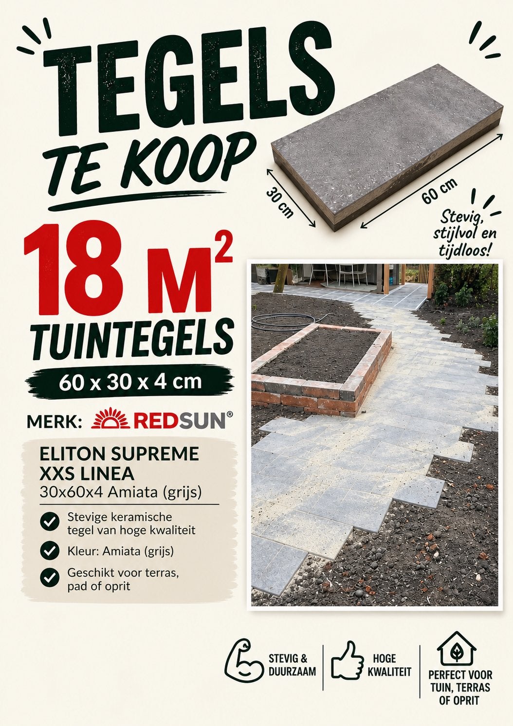 Nieuwe Redsun Eliton Supreme XXS 30x60x4 Amiata – ca. 18m², Tuin en Terras, Ophalen, Nieuw, 10 m² of meer, Beton