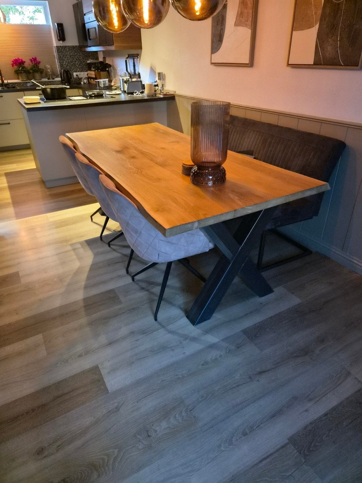Eikenhouten eettafel met metalen X-poten, Ophalen, Modern, Industrieel, 200 cm of meer, 50 tot 100 cm