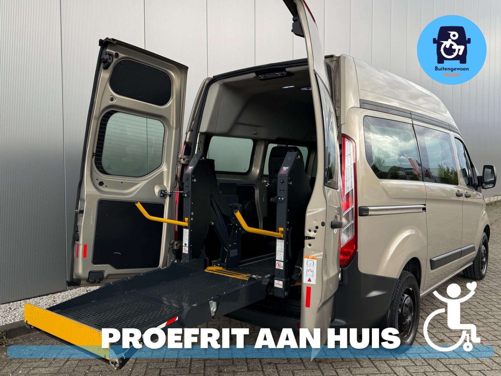 Ford Transit Custom Rolstoelbus (2017) Sixway Rolstoellift, Auto's, Voorwielaandrijving, 12 maanden, Stof, Beige