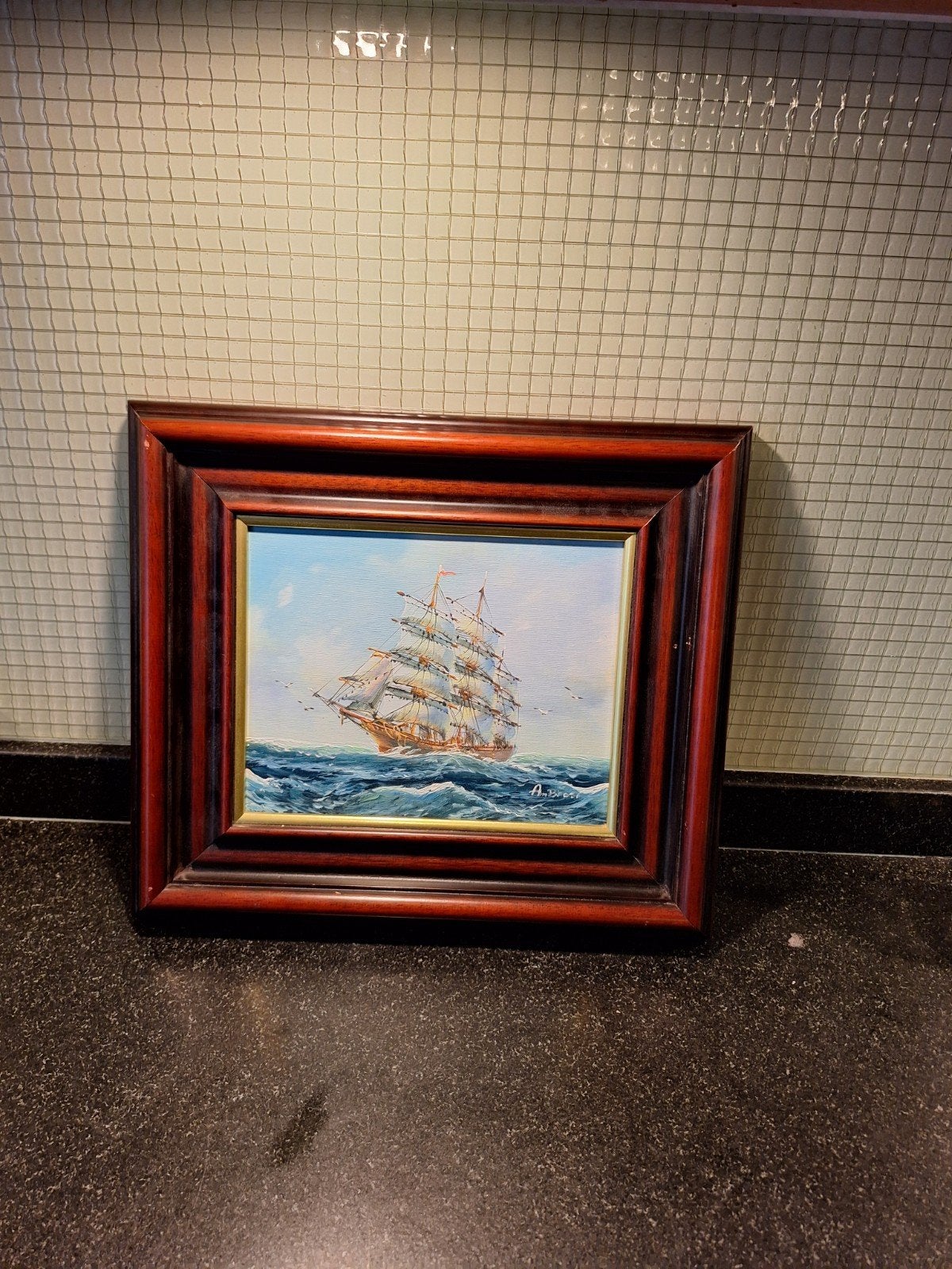 Schilderij van een zeilschip op woelige zee, gesigneerd, Ophalen of Verzenden