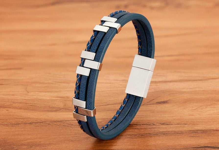 Heren Blauwe Stalen Leren Armband, Verzenden, Nieuw, Blauw, Leer