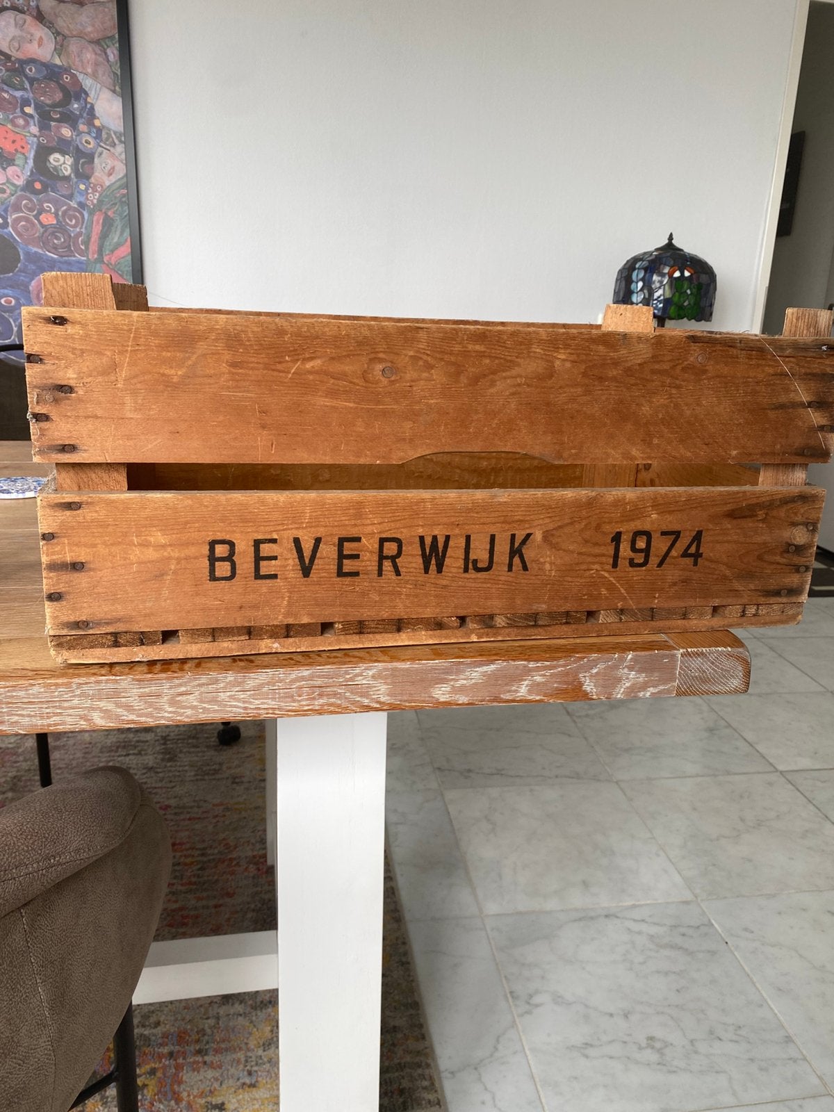 Vintage houten kist 'Beverwijk 1974', Gebruikt, 50 tot 100 cm, Ophalen of Verzenden, Minder dan 50 cm