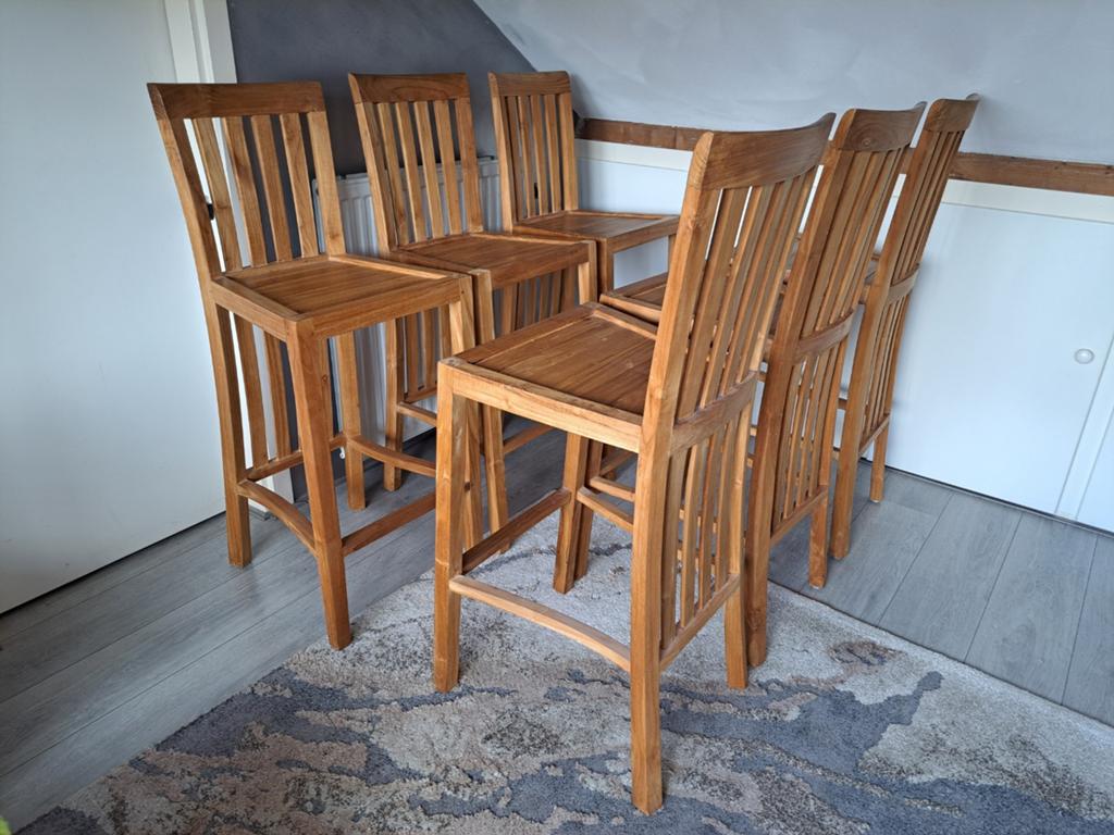 Teakhouten barkrukken, Huis en Inrichting, Barkrukken, Ophalen, Met voetsteun, 90 cm of meer, Hout