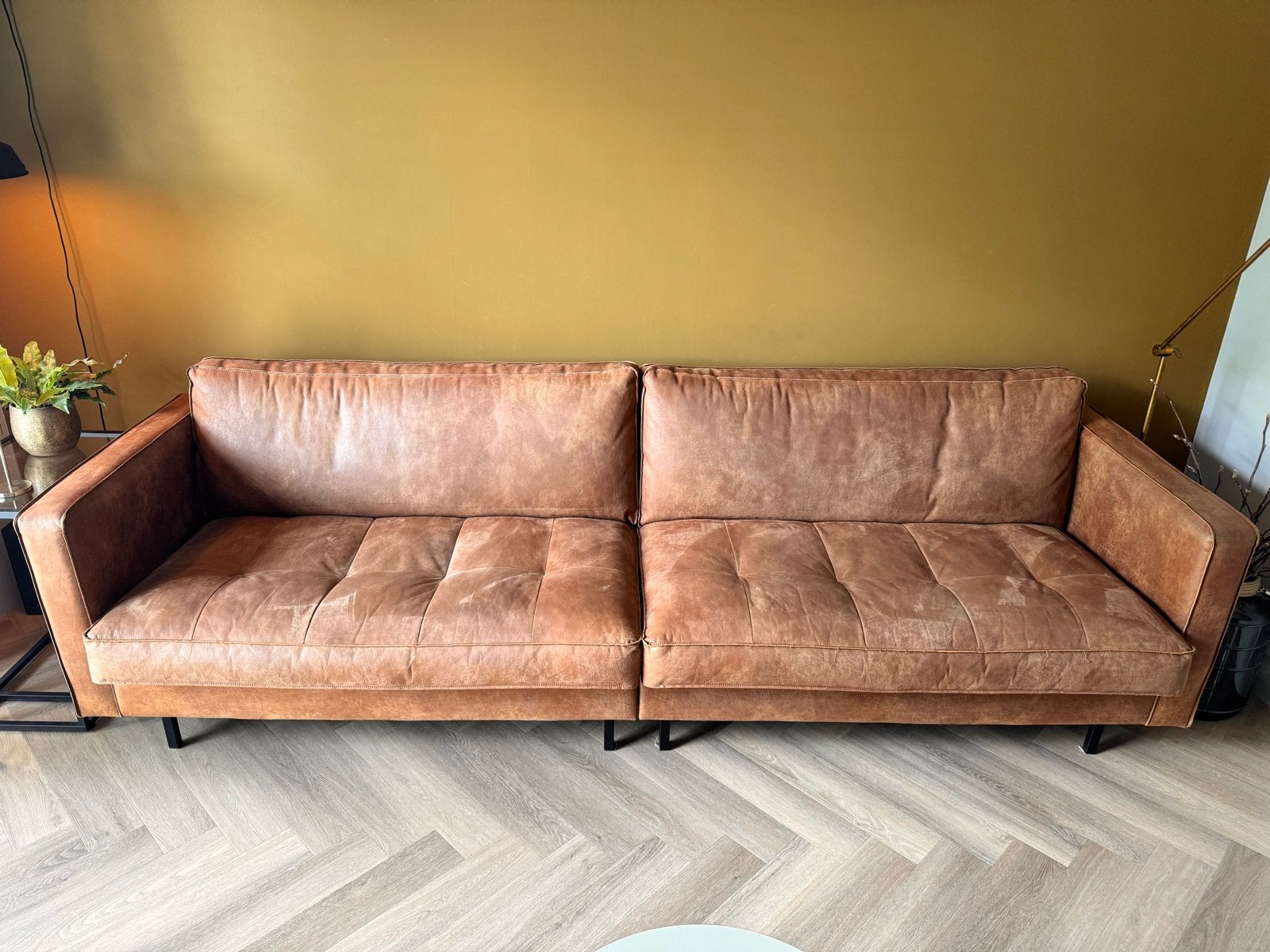 Rodeo bank - Comfortabele 3-zitsbank in cognac leer, Huis en Inrichting, Ophalen, 250 tot 300 cm, Gebruikt, Driepersoons
