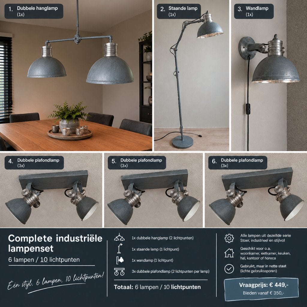 Complete industriële lampenset – 6 lampen / 9 lichtpunten