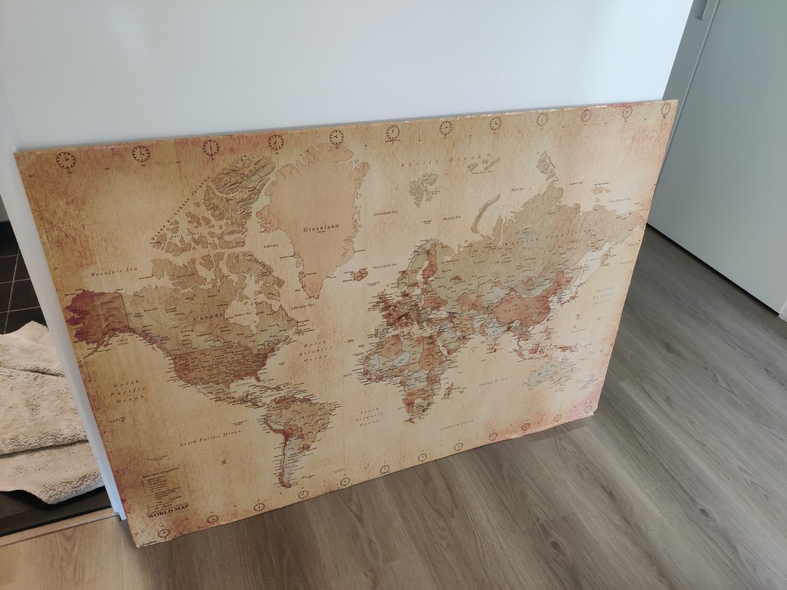 Vintage Wereldkaart 140x100cm met Houtlook Punaises, Ophalen, Gebruikt, Meerkleurig, Vintage