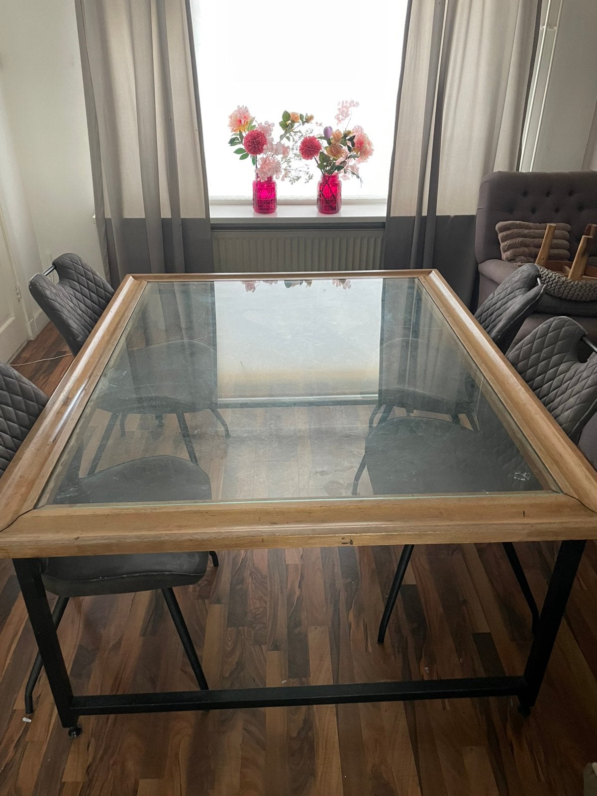 Bijzondere eettafel met 4 stoelen, Ophalen, Gebruikt, 50 tot 100 cm, Glas