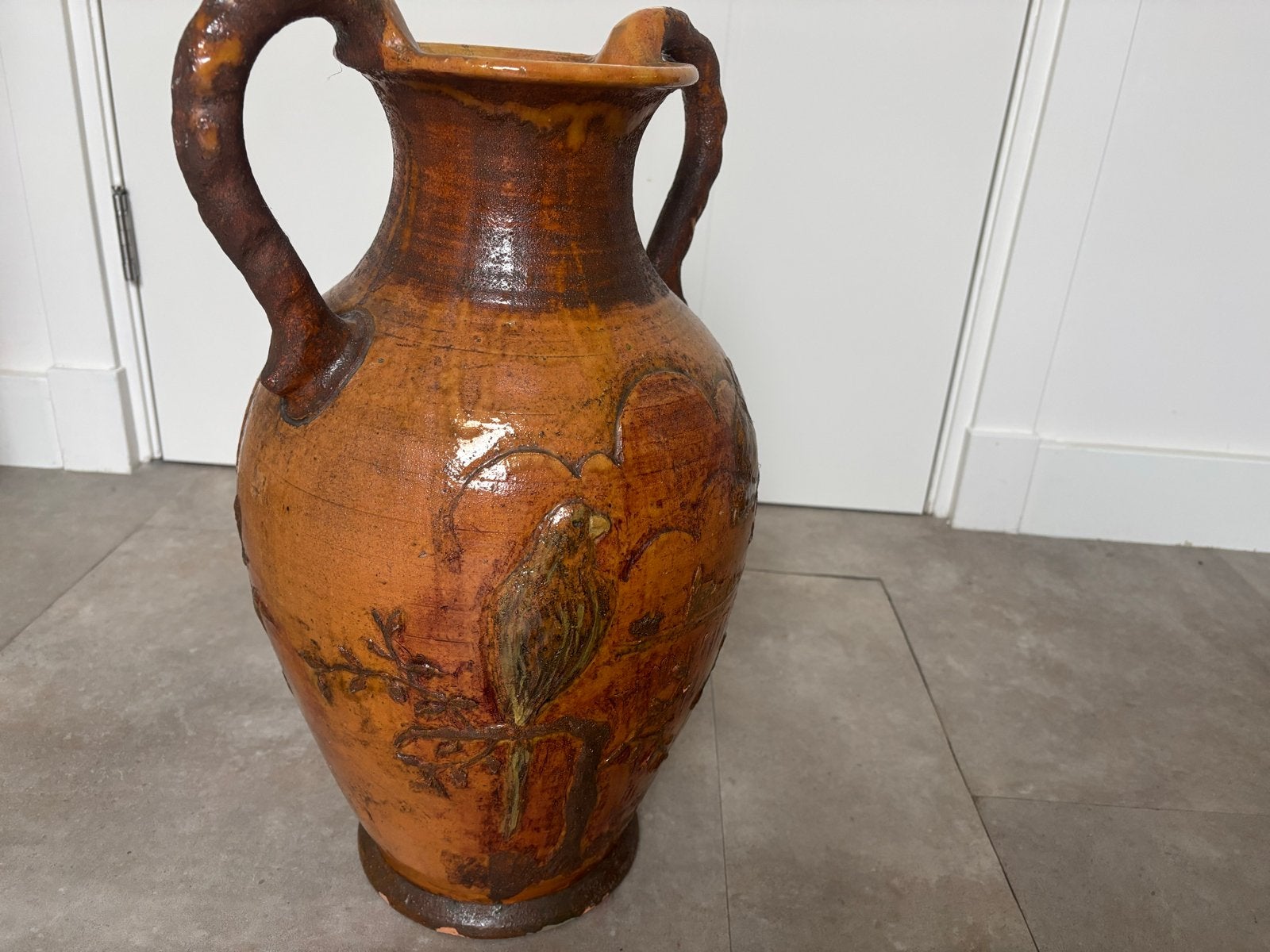 Grote vintage aardewerken vaas met vogeldecoratie, Ophalen