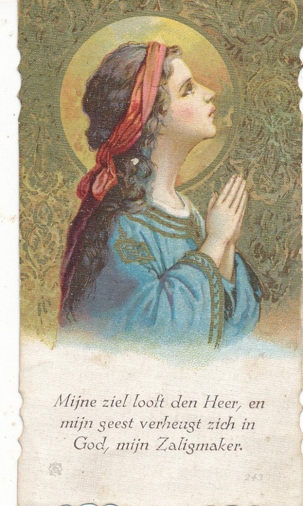 4 Devotieprentjes van Maria met goud druk, Ophalen of Verzenden, Zo goed als nieuw, Kaart of Prent, Christendom | Katholiek