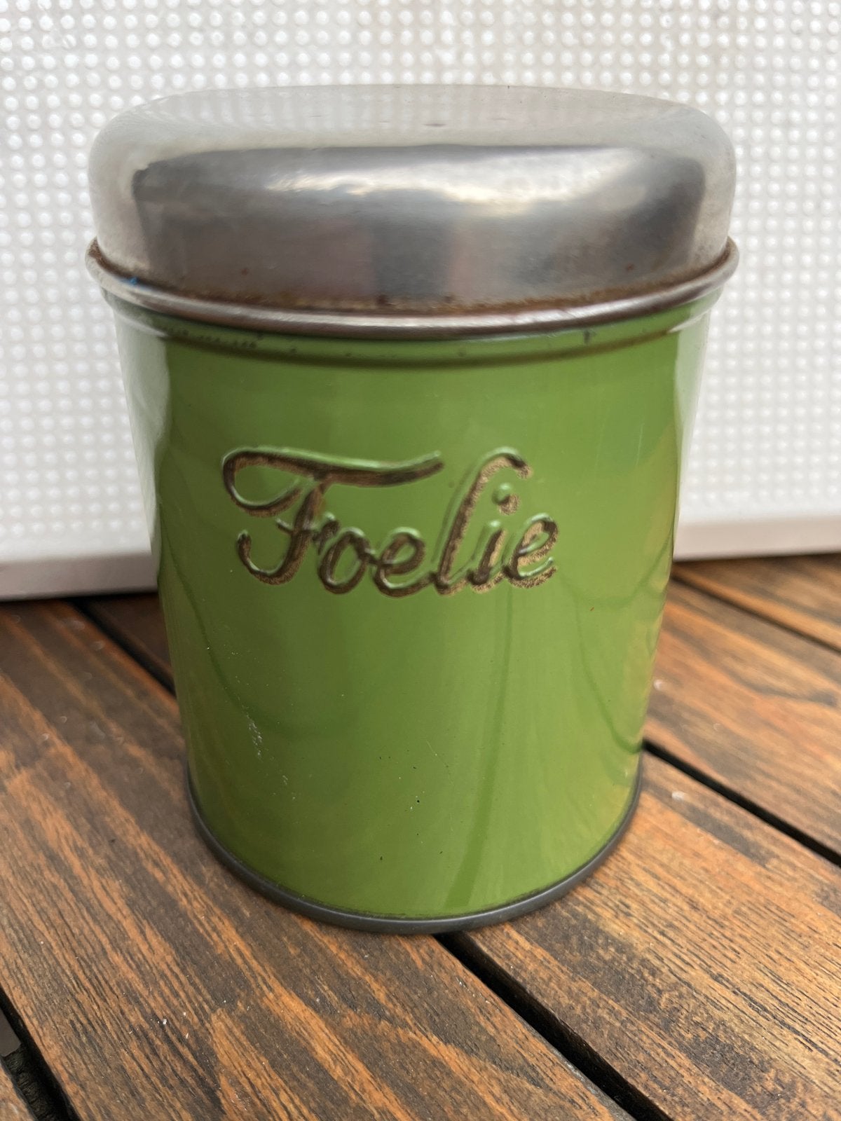 Vintage Foelie blikje - groen, 10 cm hoog, Ophalen of Verzenden