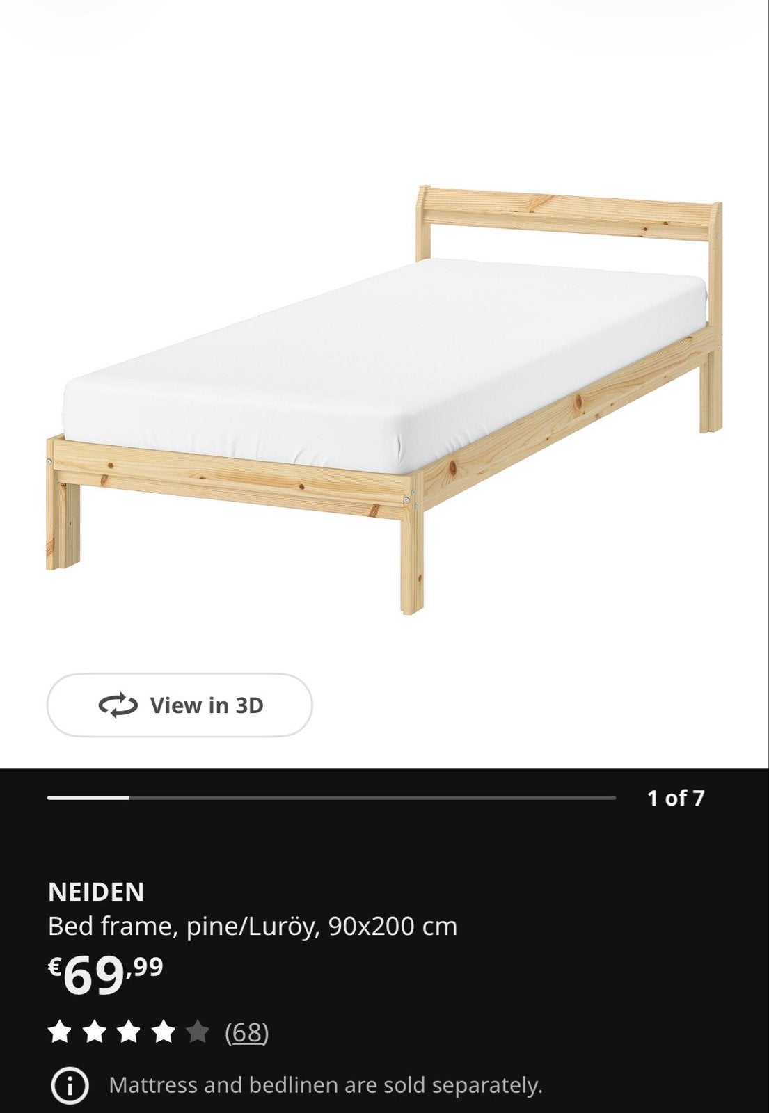 IKEA NEIDEN Eenpersoonsbed 90x200cm zonder matras, Ophalen, 90 cm, Eenpersoons, Beige