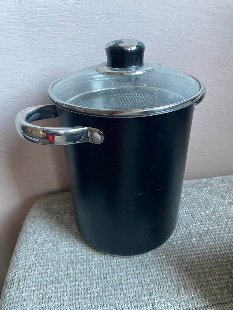 Zwarte kookpan met glazen deksel en vergiet pan gas, Huis en Inrichting, Keuken | Potten en Pannen, Ophalen of Verzenden, Nieuw