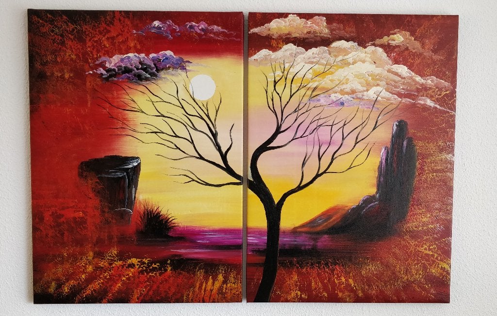 Tweeluik schilderij - handgeschilderd (acrylverf), Antiek en Kunst, Ophalen of Verzenden, Handgeschilderd, Acrylverf, Landschap