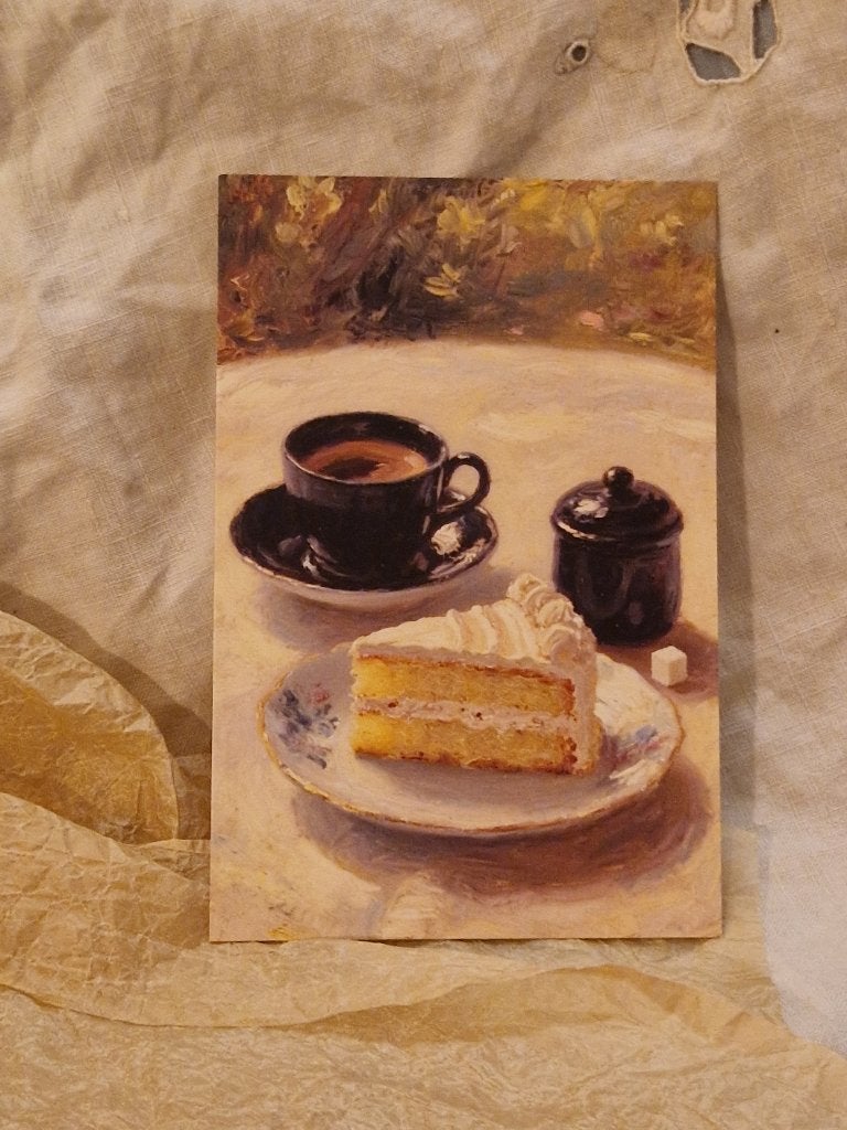 Ansichtkaart. "Koffie- zwart kopje/suikerpot- slagroompunt"., Verzenden, Nieuw, Papier/karton
