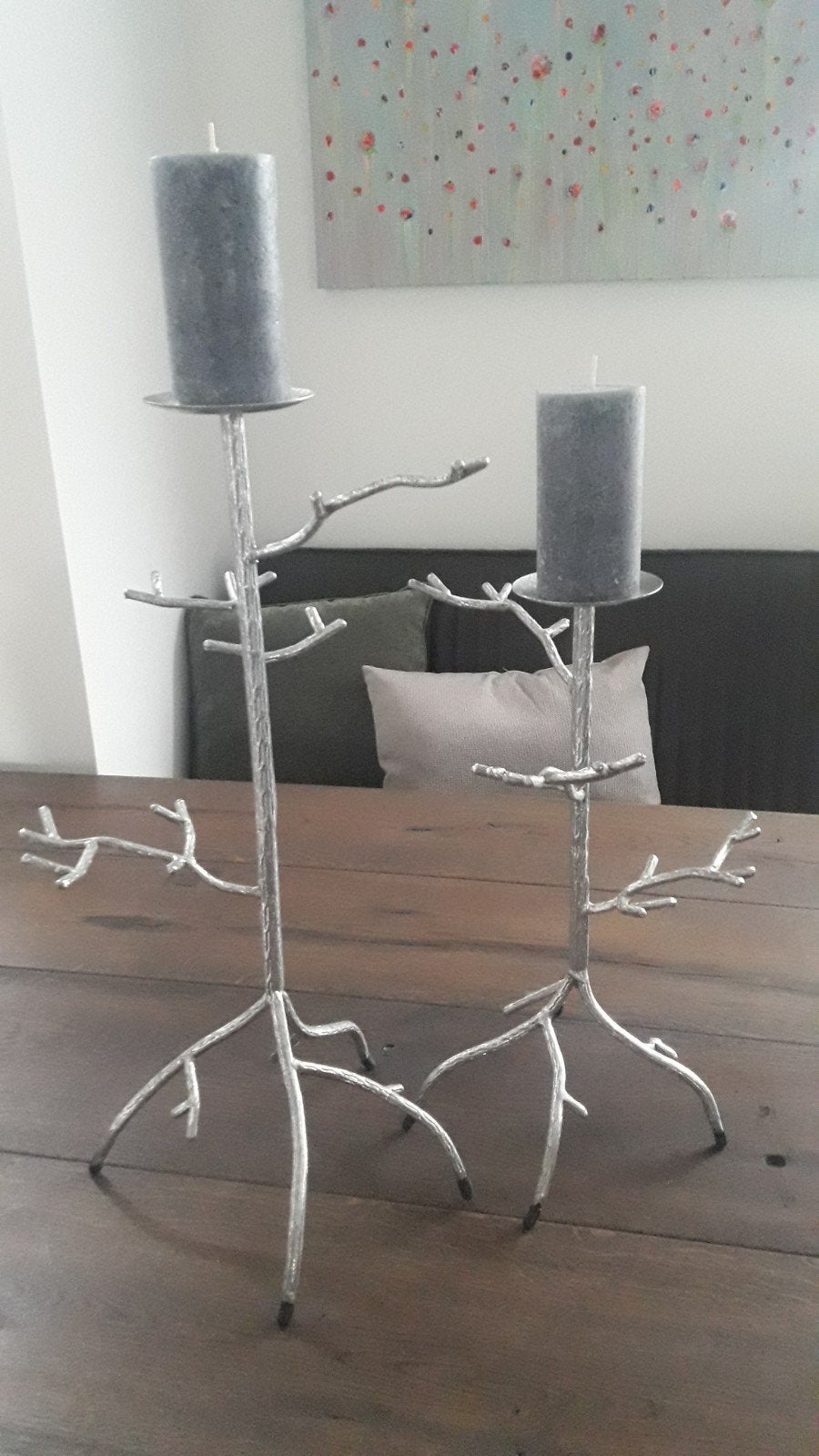 2 zilverkleurige "takken" kandelaars. Nederlands design., Ophalen of Verzenden, Kaars