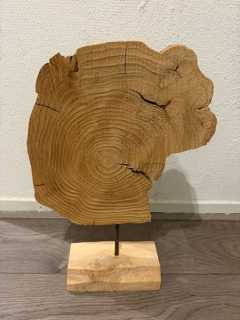 Houten beeld, schijf op voet 30x44x9,5cm (BxHxD), Hout, Ophalen of Verzenden, Bruin, Landelijk