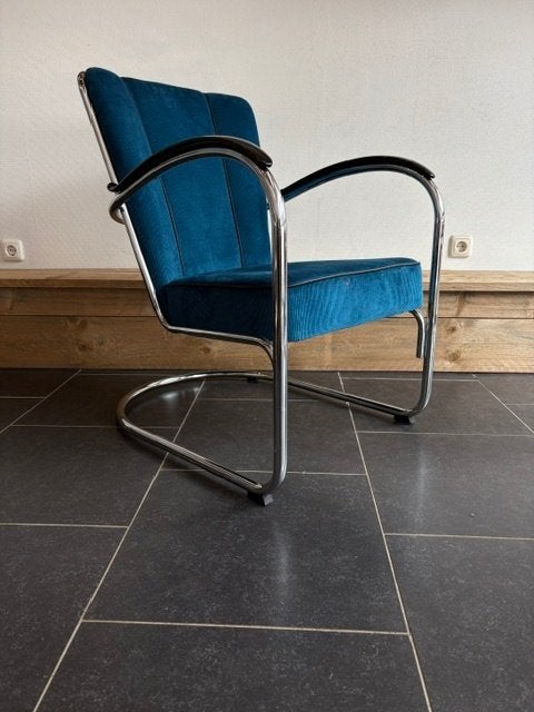 Gispen 412S  fauteuil, chroom, nieuwe petrol ribstof, Design, 75 tot 100 cm, Zo goed als nieuw, Stof