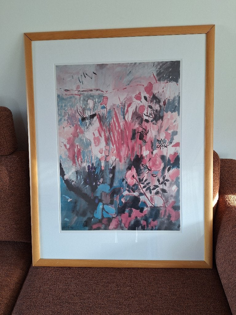 Abstracte bloemenprint in houten lijst (105x80 cm), Ophalen, Gebruikt, Print, 75 tot 100 cm