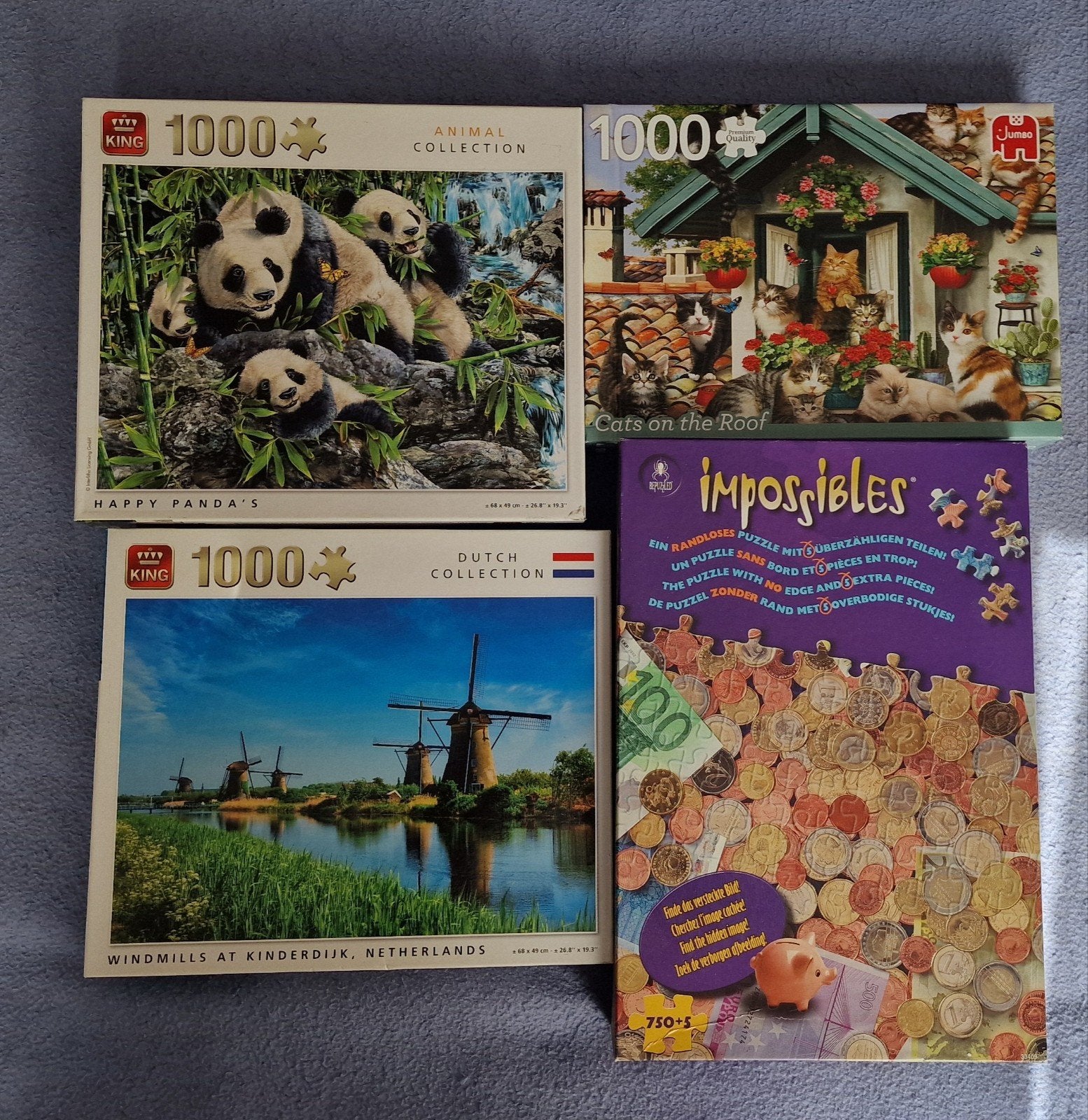 4 Legpuzzels: Panda's, Katten, Molens & Impossibles, Ophalen, 500 t/m 1500 stukjes, Gebruikt, Legpuzzel