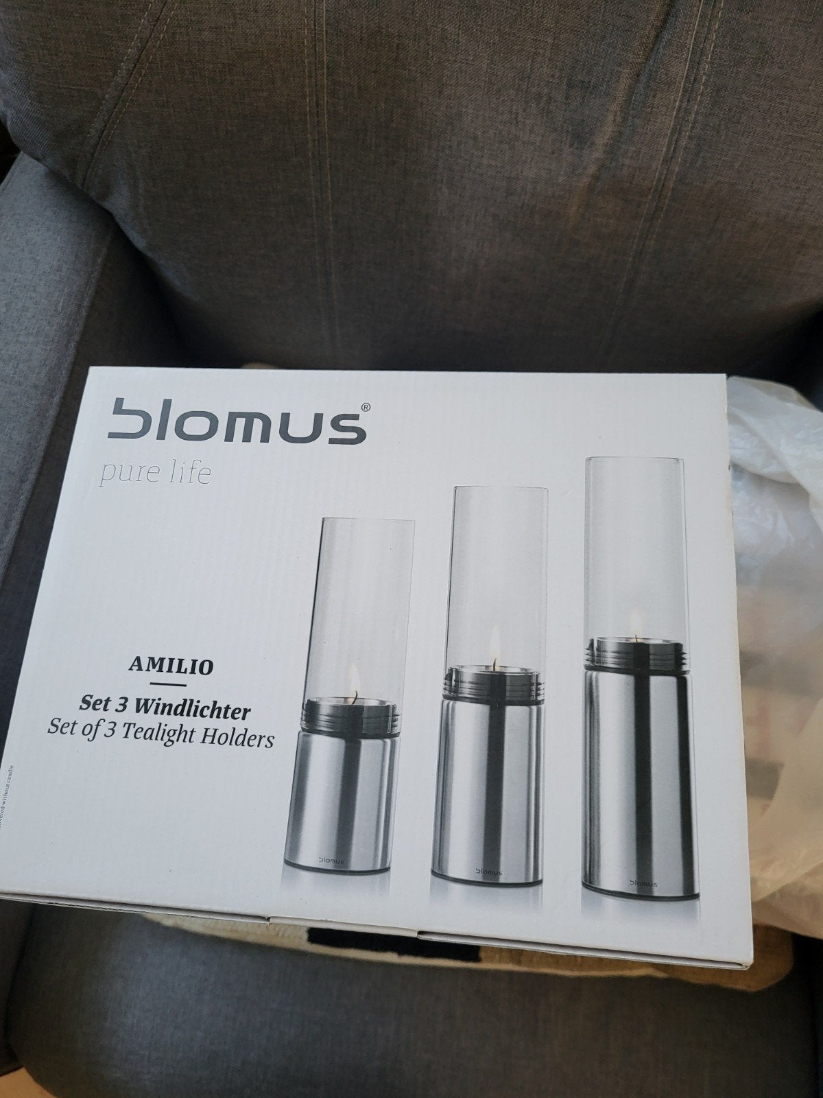 Blomus Amilio Set van 3 Windlichten / Theelichthouders, Ophalen, Nieuw, Metaal, Grijs