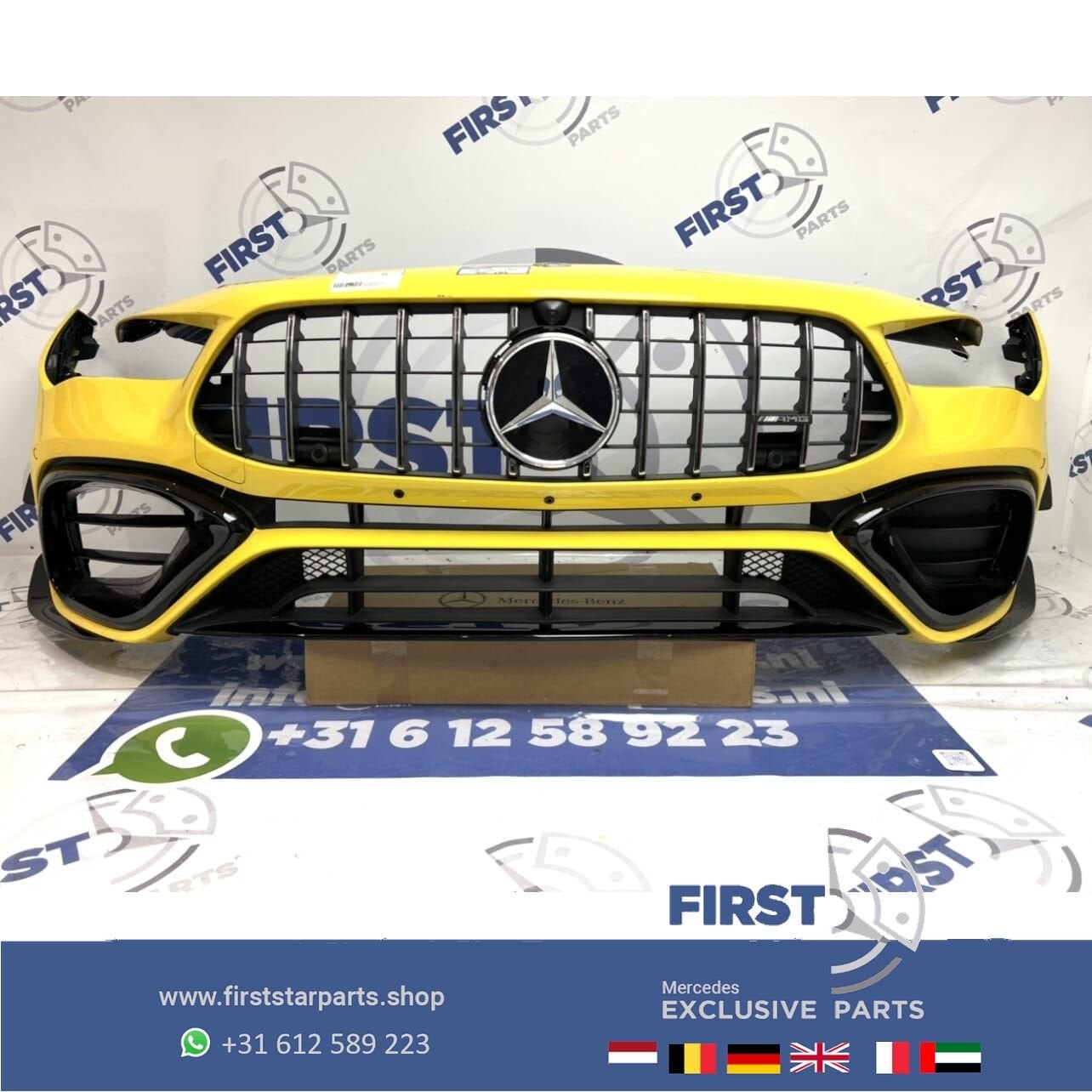 W118 CLA45 CLA45S AMG AERO VOORBUMPER GEEL + GT GRIL ORIGINE, Gebruikt, -, Voor, Ophalen of Verzenden
