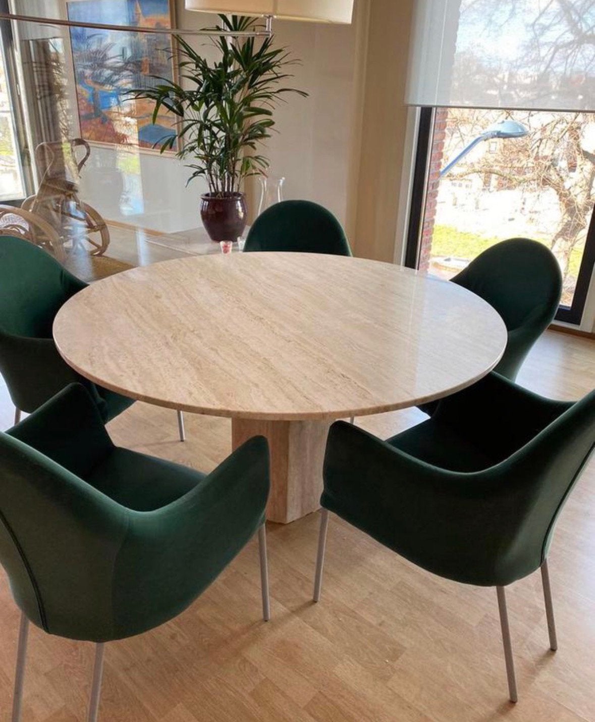Ronde travertin eettafel Ø140 cm natuursteen design japandi, Huis en Inrichting, Tafels | Eettafels, Ophalen, Gebruikt, 50 tot 100 cm