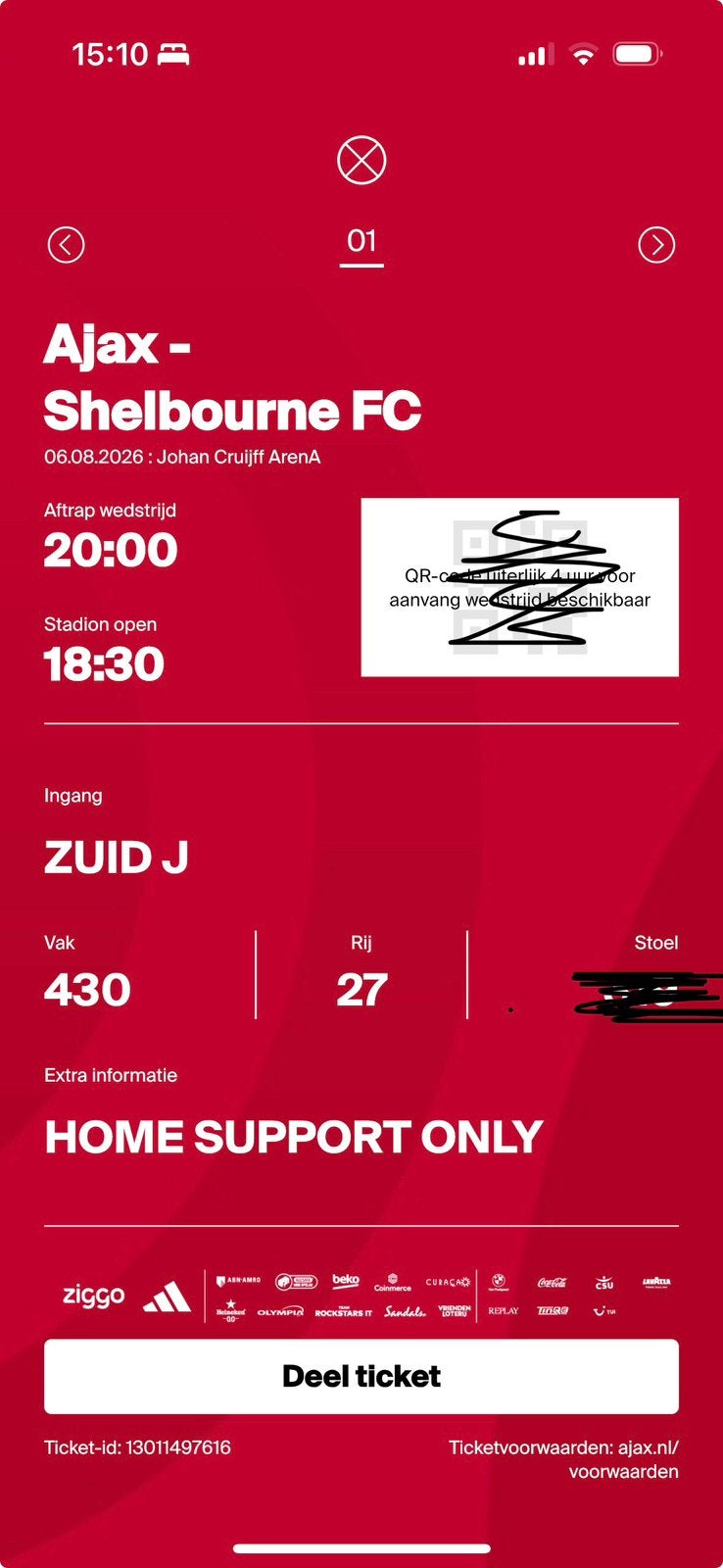 Ajax shelbourne kaart vak 430, Tickets en Kaartjes, Eén persoon